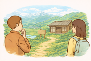 中国地方で空き家を探す男女