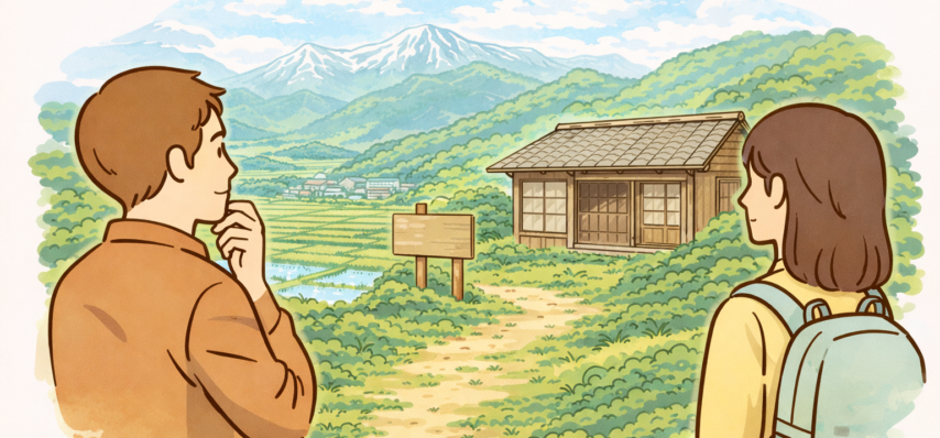 中国地方で空き家を探す男女